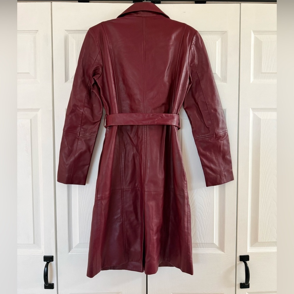Badgley Mischka Tinsley Lamb Leather Trench Coat Bordeaux Oxblood NWT Size Small - Picture 8 of 11